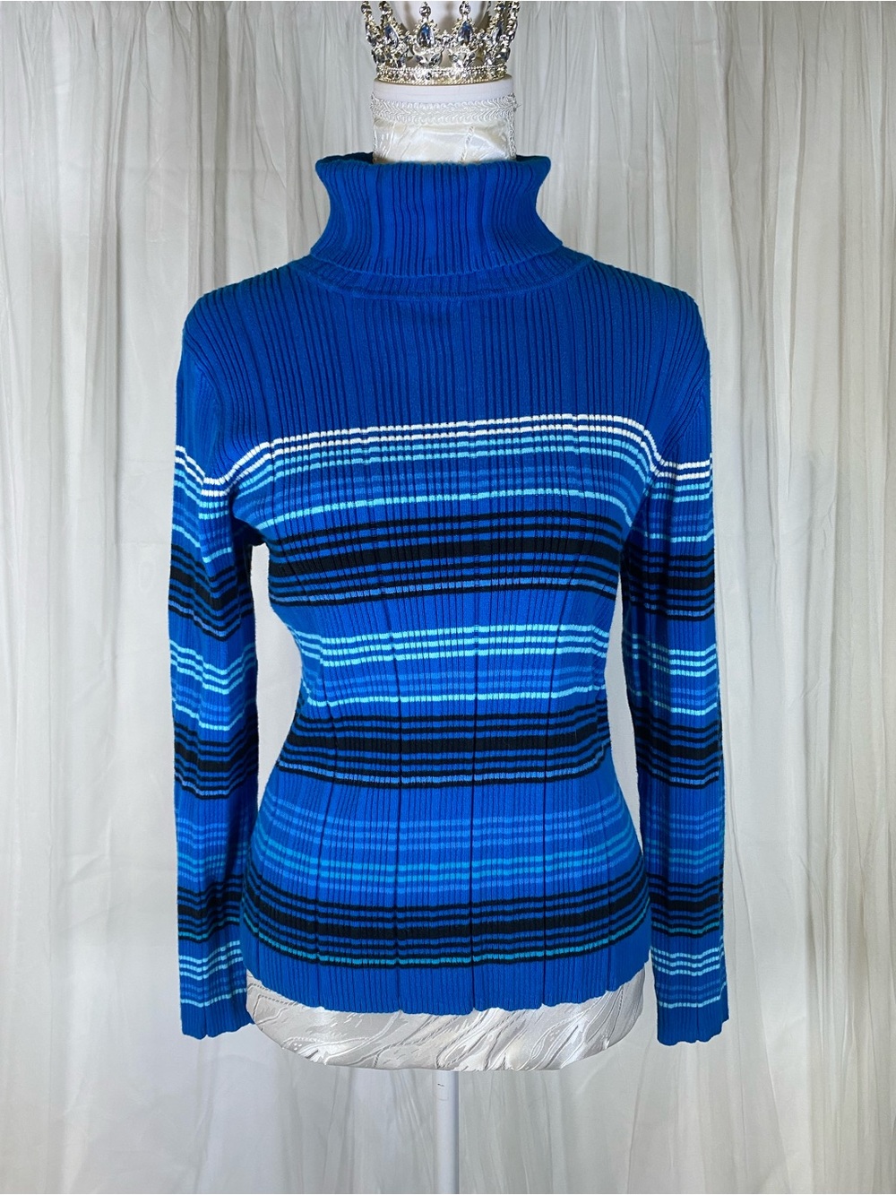 Blue Striped Turtleneck Sweater - Ribbed Knit